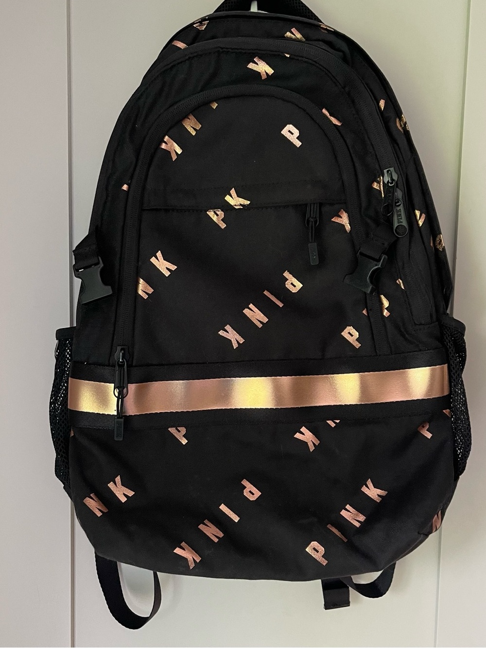 Victoria's Secret PINK Collegiate Backpack Black Rose Gold School Bag Campus